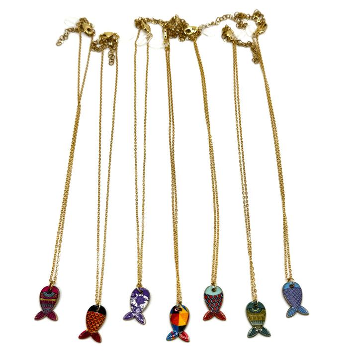 Six gold-tone chain necklaces with colorful fish-shaped pendants, displayed vertically against a plain white background.