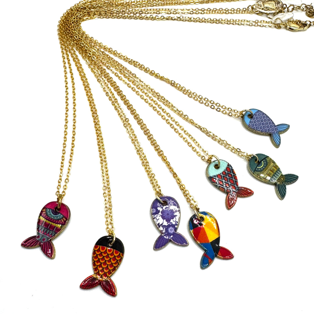A set of gold chain necklaces with colorful fish-shaped pendants, displayed against a plain white background.