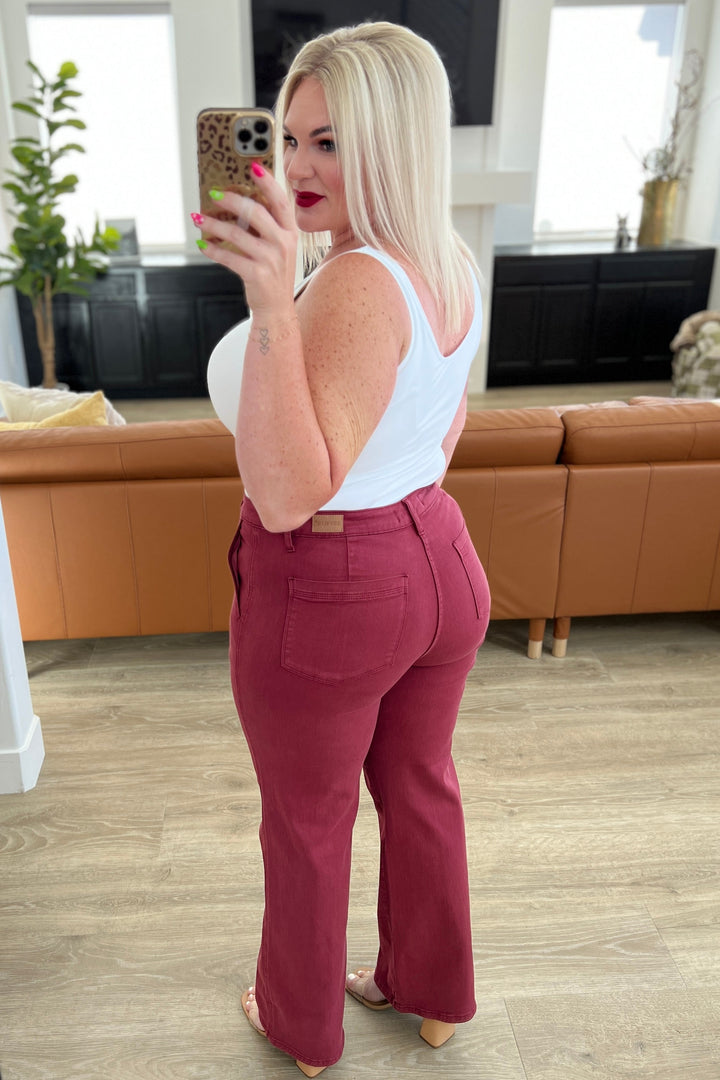 Phoebe High Rise Front Seam Straight Jeans in Burgundy by Judy Blue