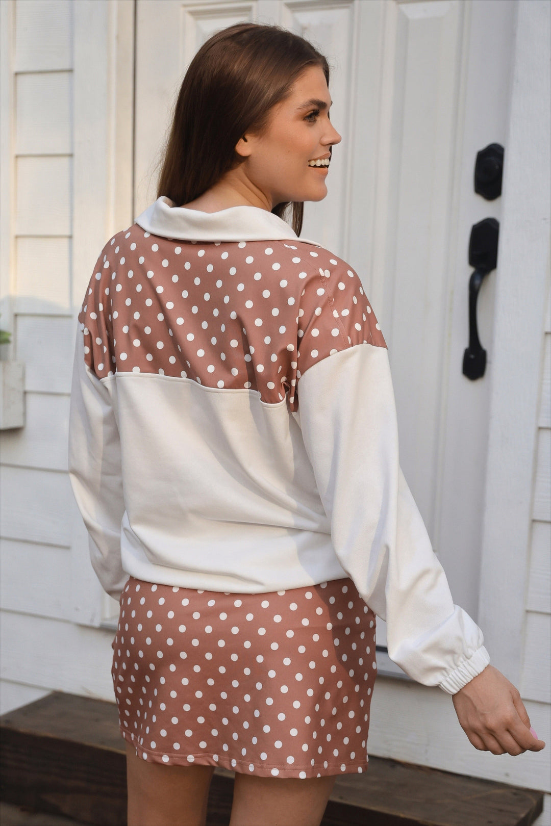 MARCH PREORDER: Mia Printed Pullover in Mocha Mousse Polka Dot by Jess Lea (Ships In 2-3 Weeks)