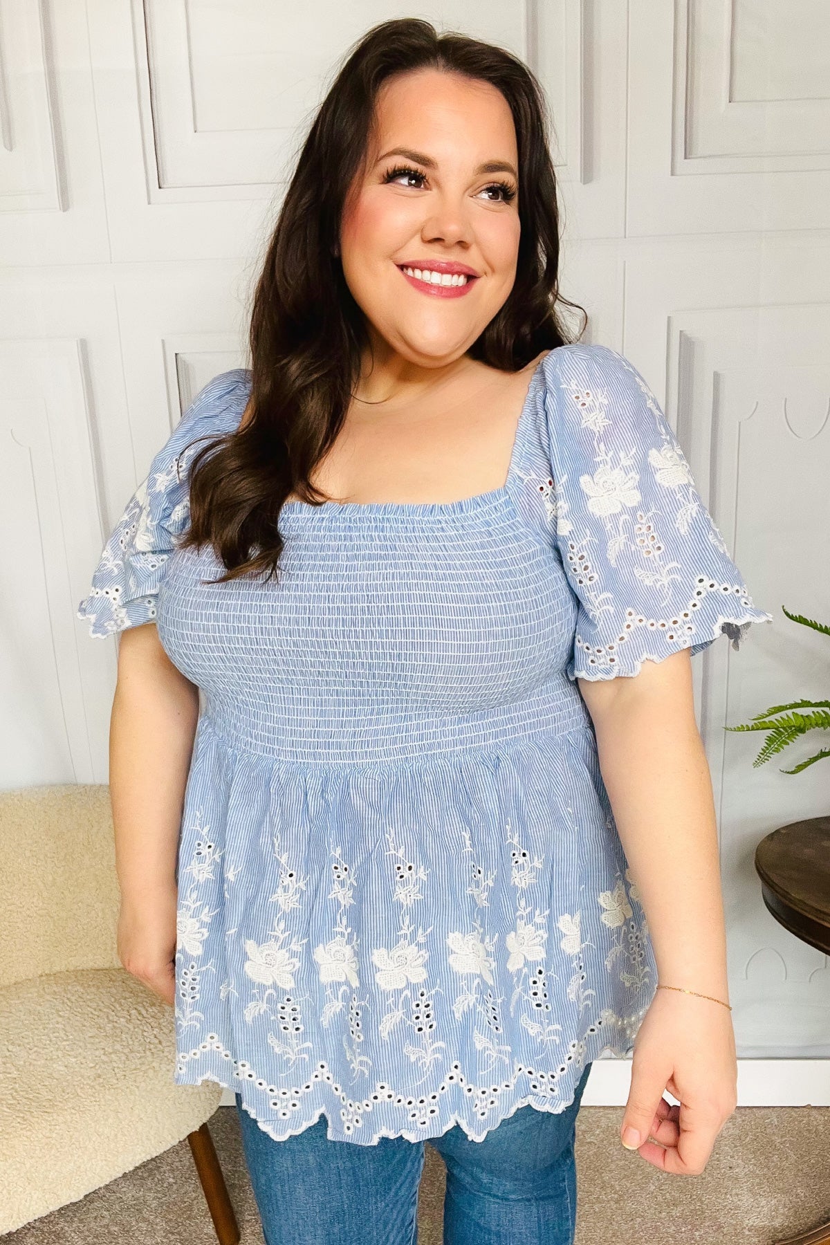 Just A Dream Blue Smocked Floral Embroidered Babydoll Top (Shipping in 1-2 Weeks)