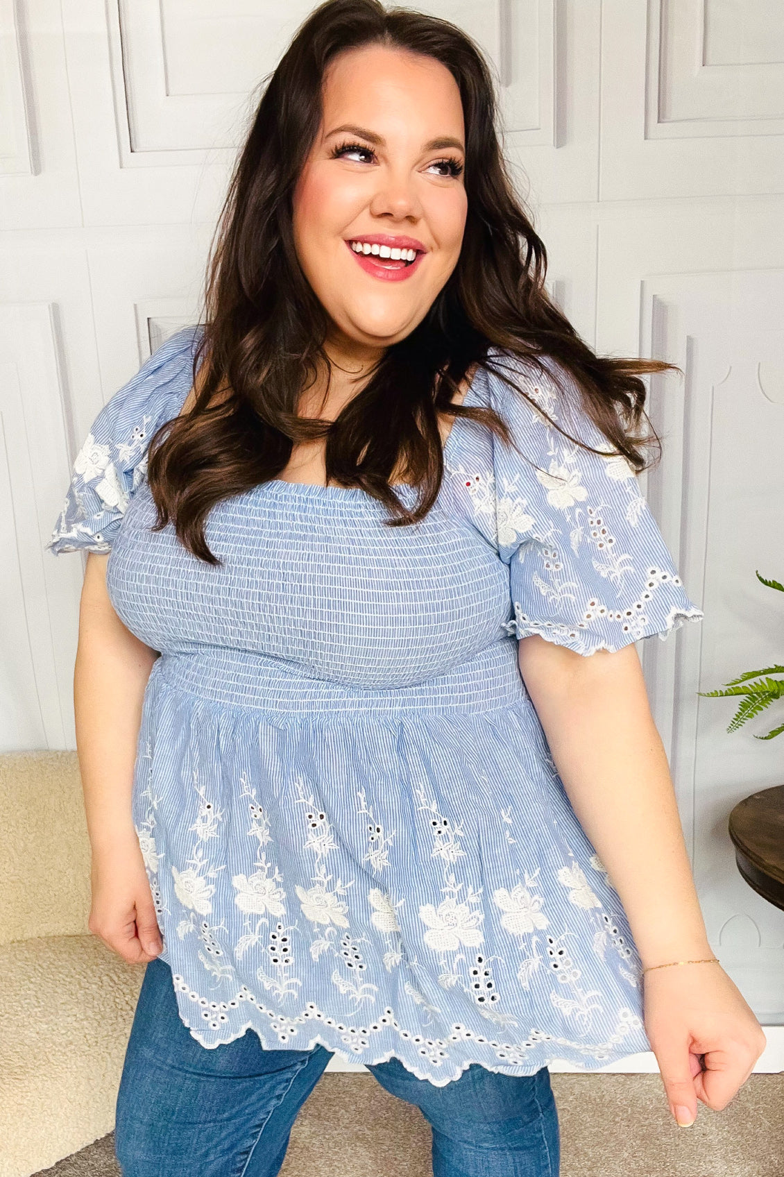 Just A Dream Blue Smocked Floral Embroidered Babydoll Top (Shipping in 1-2 Weeks)