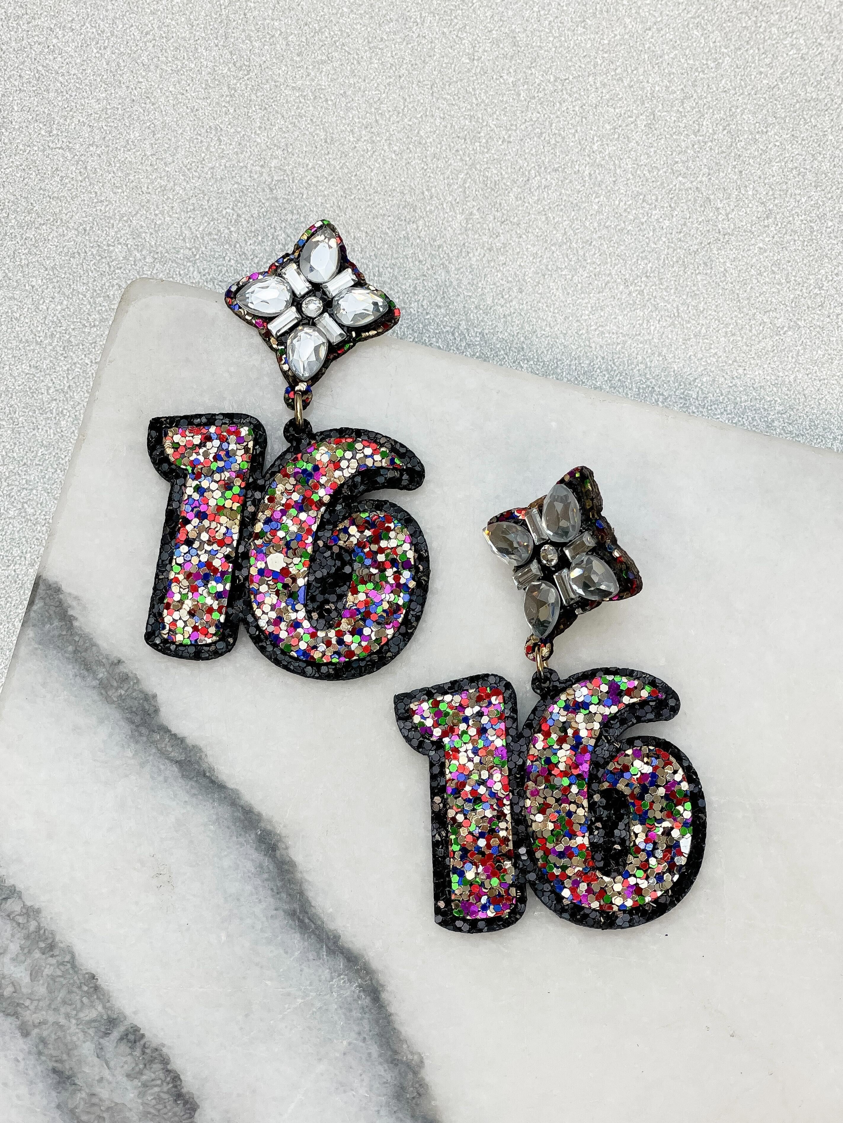 16th Birthday Glitter & Rhinestone Dangle Earrings