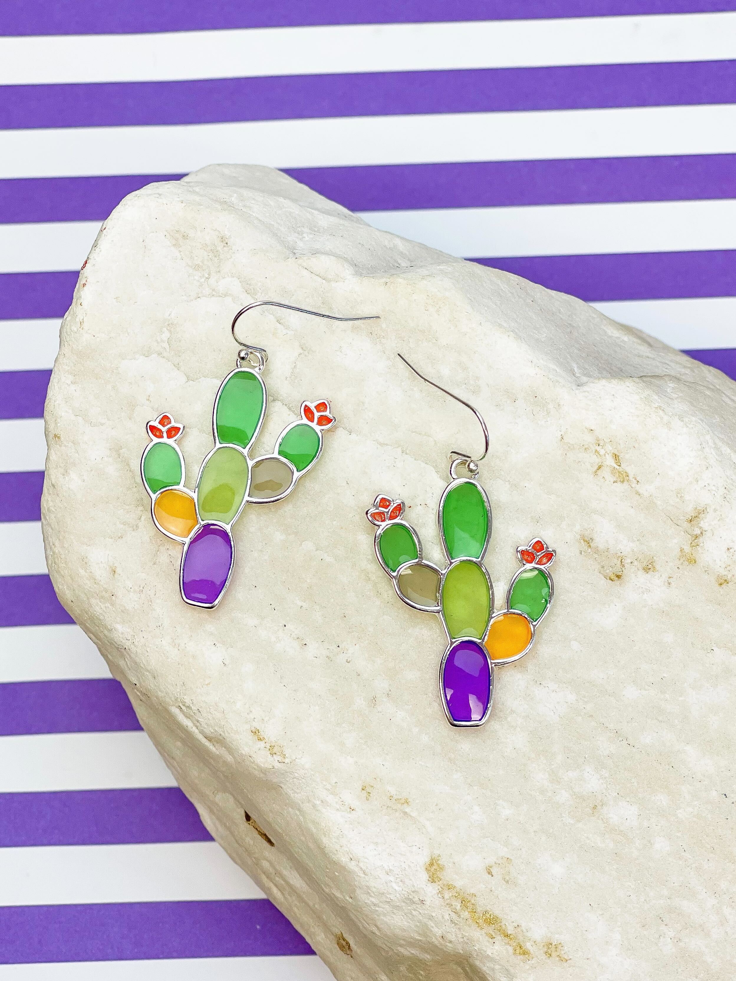 Western Stained Glass Cactus Dangle Earrings