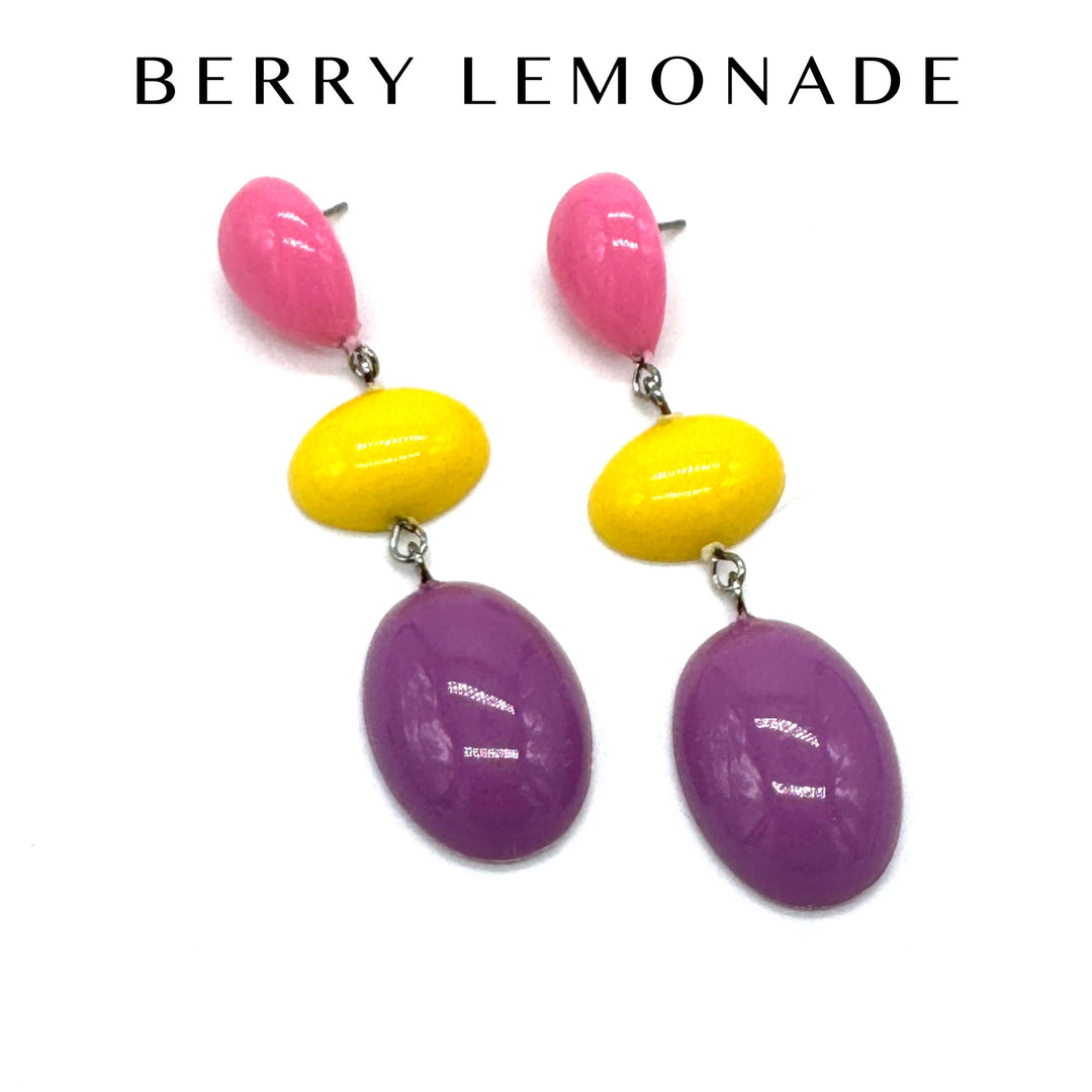 Colorful earrings with pink, yellow, and purple stones on a white background with 'Berry Lemonade' name.