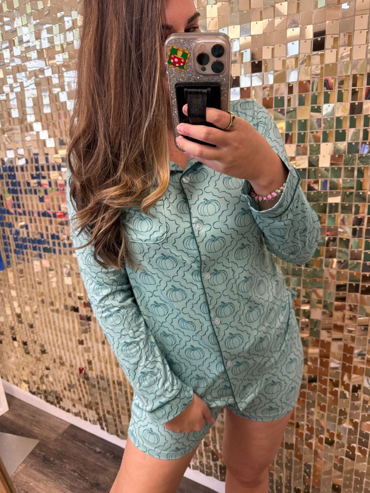 Give 'em Pumpkin Long Sleeve Button Up Sleep Shirt