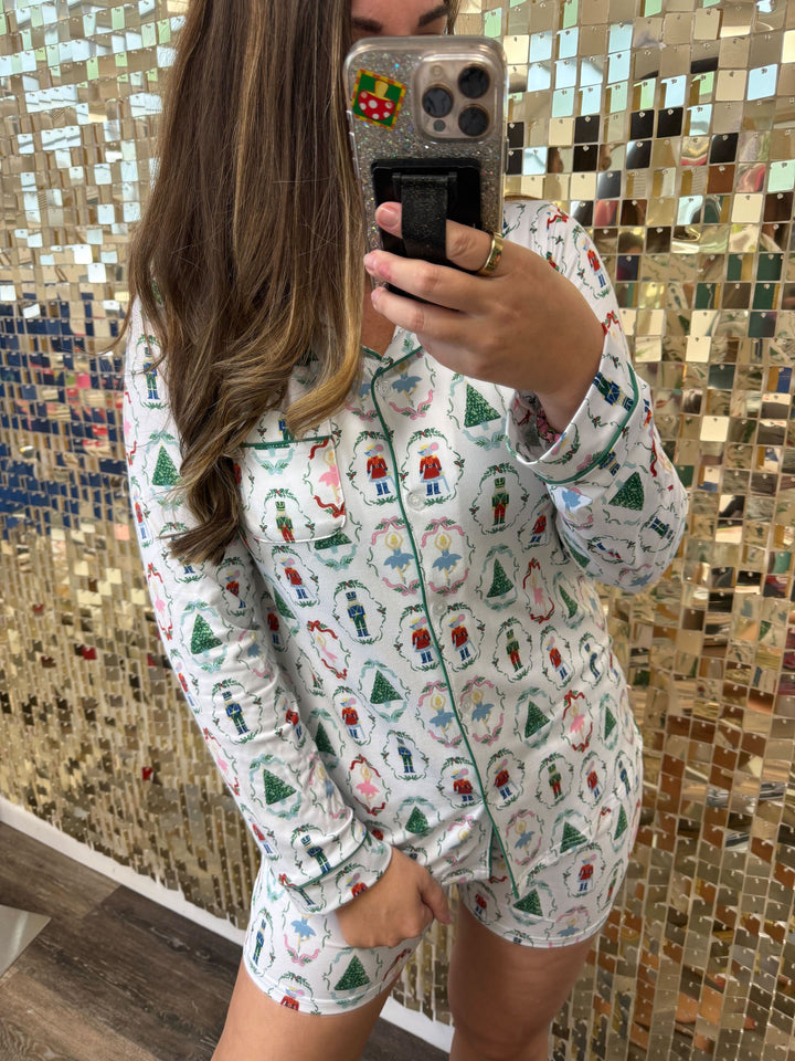 Nutcracker Waltz Long Sleeve Button Up Sleep Shirt