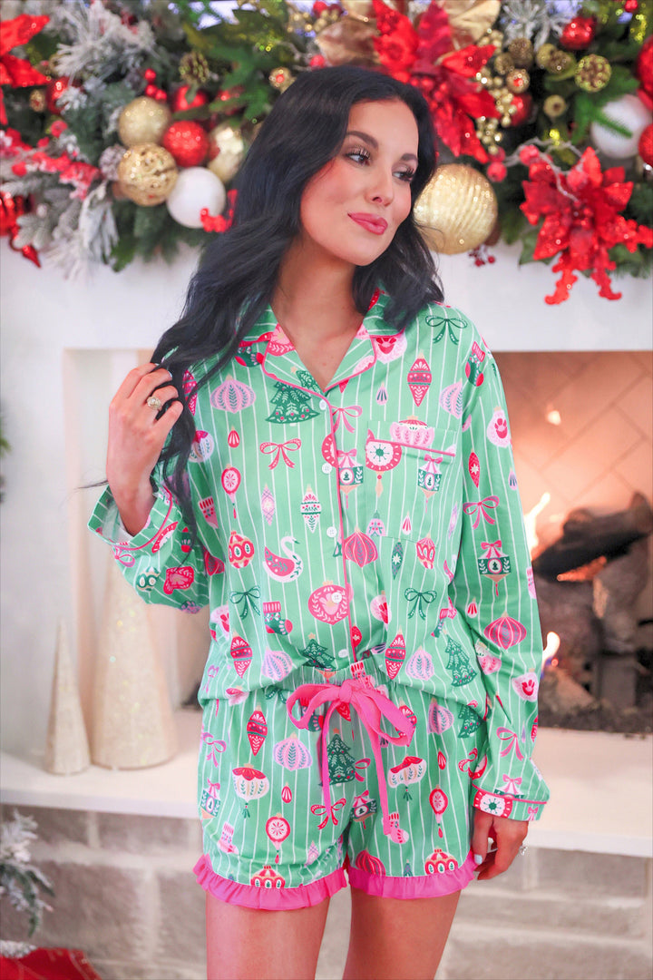 Decked in Ornaments Ruffle Pajama Set by Jess Lea (PREORDER: Ships in October)