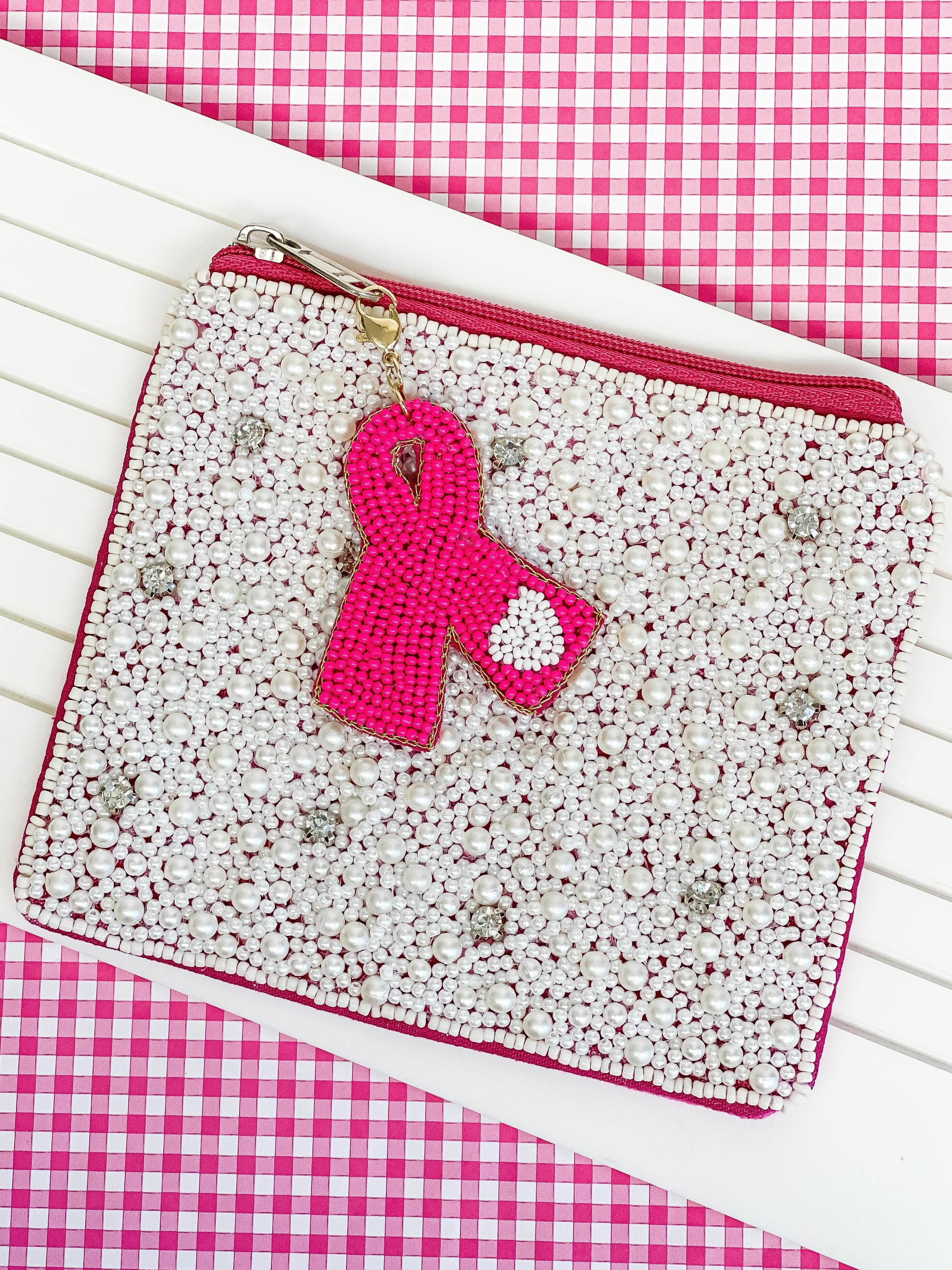 Breast Cancer Ribbon Charm Beaded Zip Pouch
