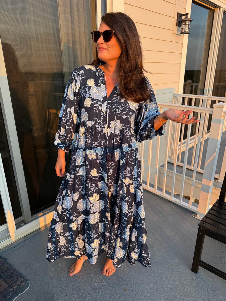 Long Sleeve Tie Neck Oversized Dress - Navy by HeimishUSA