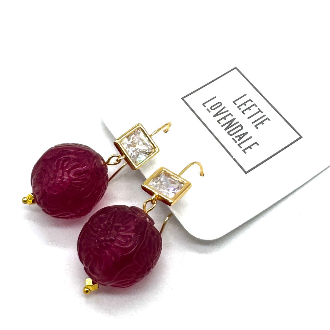 Cranberry Carved Crystal Earrings by Leetie Lovendale (Ships in 2-3 Weeks)