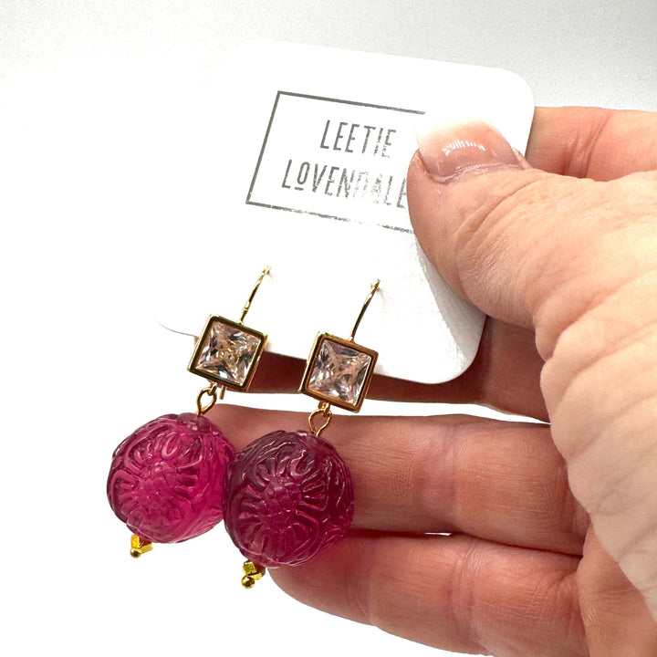 Cranberry Carved Crystal Earrings by Leetie Lovendale (Ships in 2-3 Weeks)