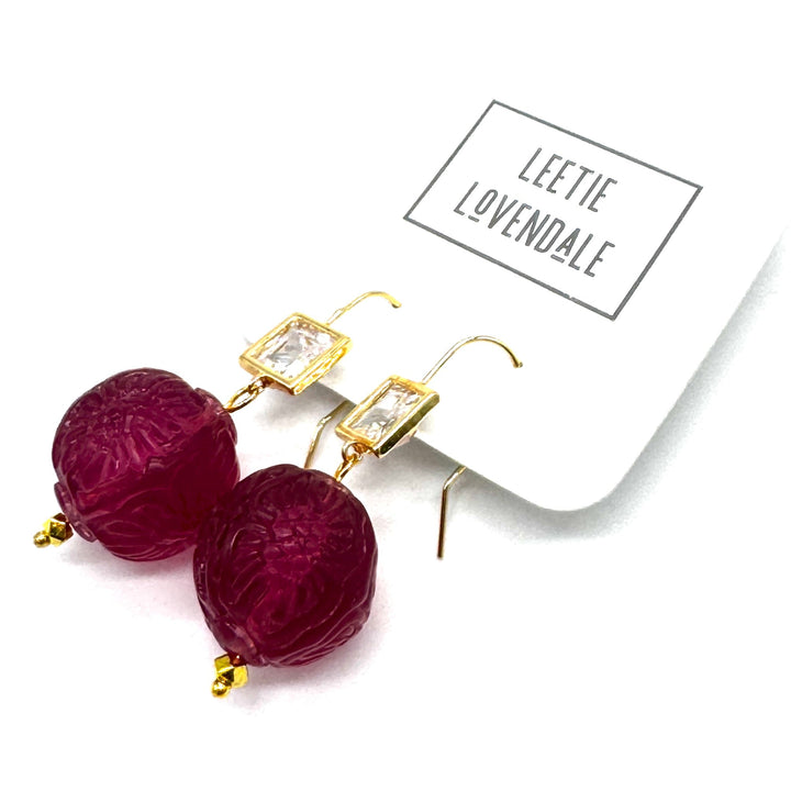 Cranberry Carved Crystal Earrings by Leetie Lovendale (Ships in 2-3 Weeks)