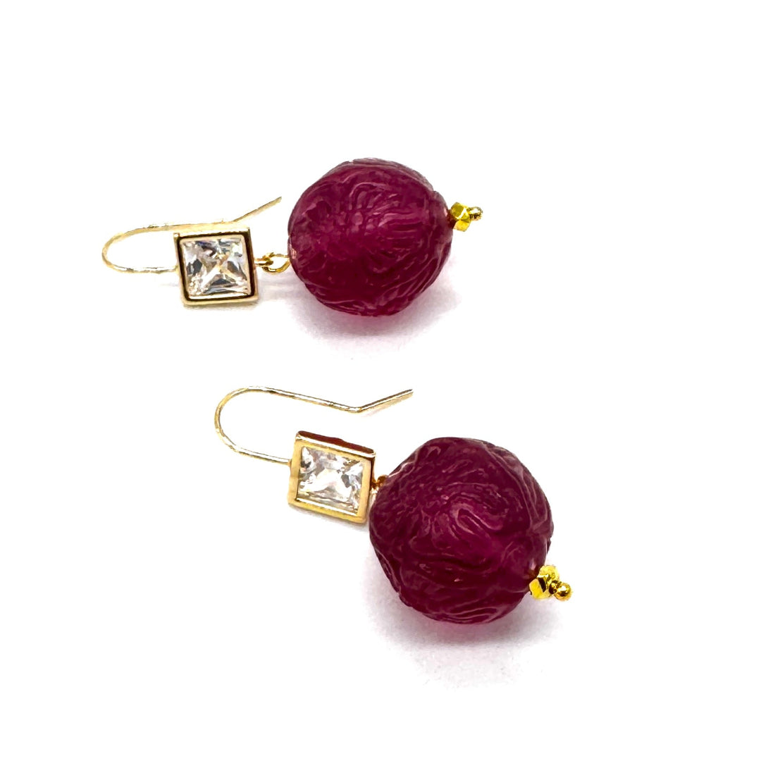 Cranberry Carved Crystal Earrings by Leetie Lovendale (Ships in 2-3 Weeks)