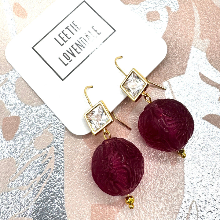Cranberry Carved Crystal Earrings by Leetie Lovendale (Ships in 2-3 Weeks)