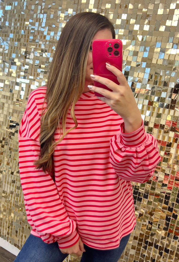 Katie Striped Crew Neck French Terry Top - Pink