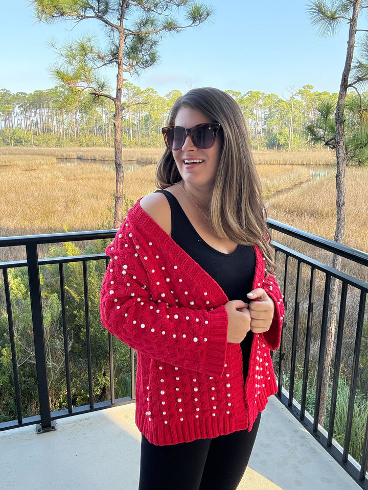 Pearl Chenille Open Cardigan - Cherry Red by POL