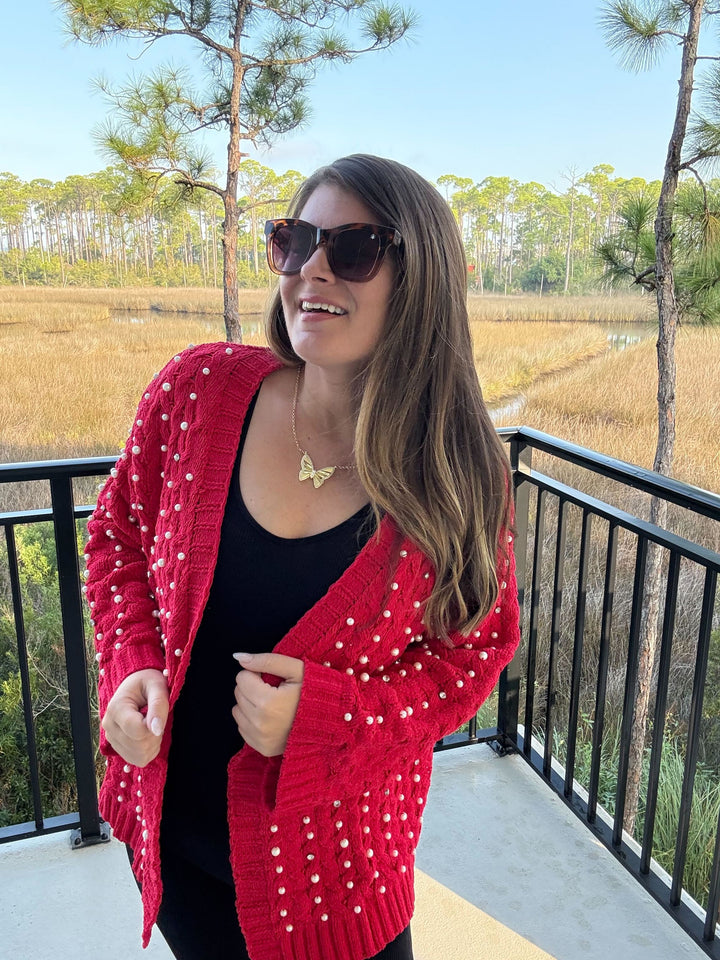 Pearl Chenille Open Cardigan - Cherry Red by POL