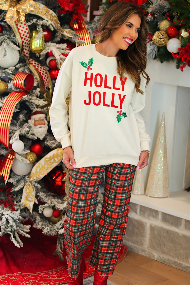 Just Vibing Denim Pants- Red Christmas Plaid by Jess Lea (PREORDER: Ships in October)
