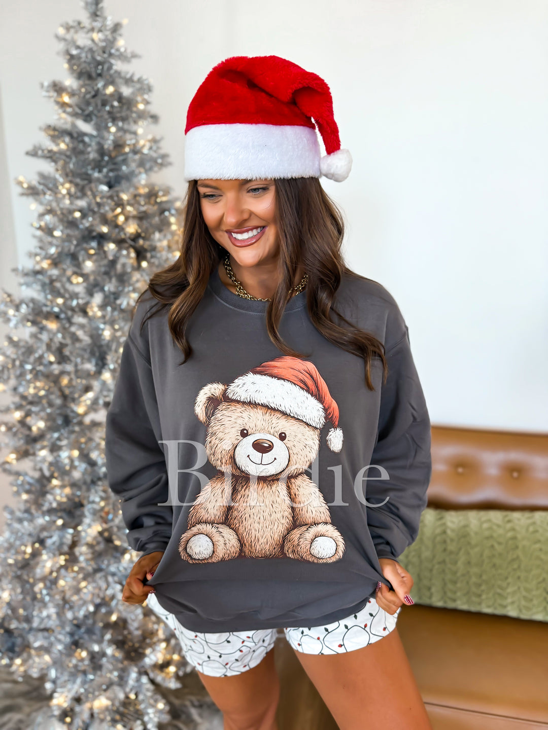 Christmas Teddy Graphic Crewneck in Charcoal by Birdie (SEPT ARRAY: Ships in 3-4 Weeks)