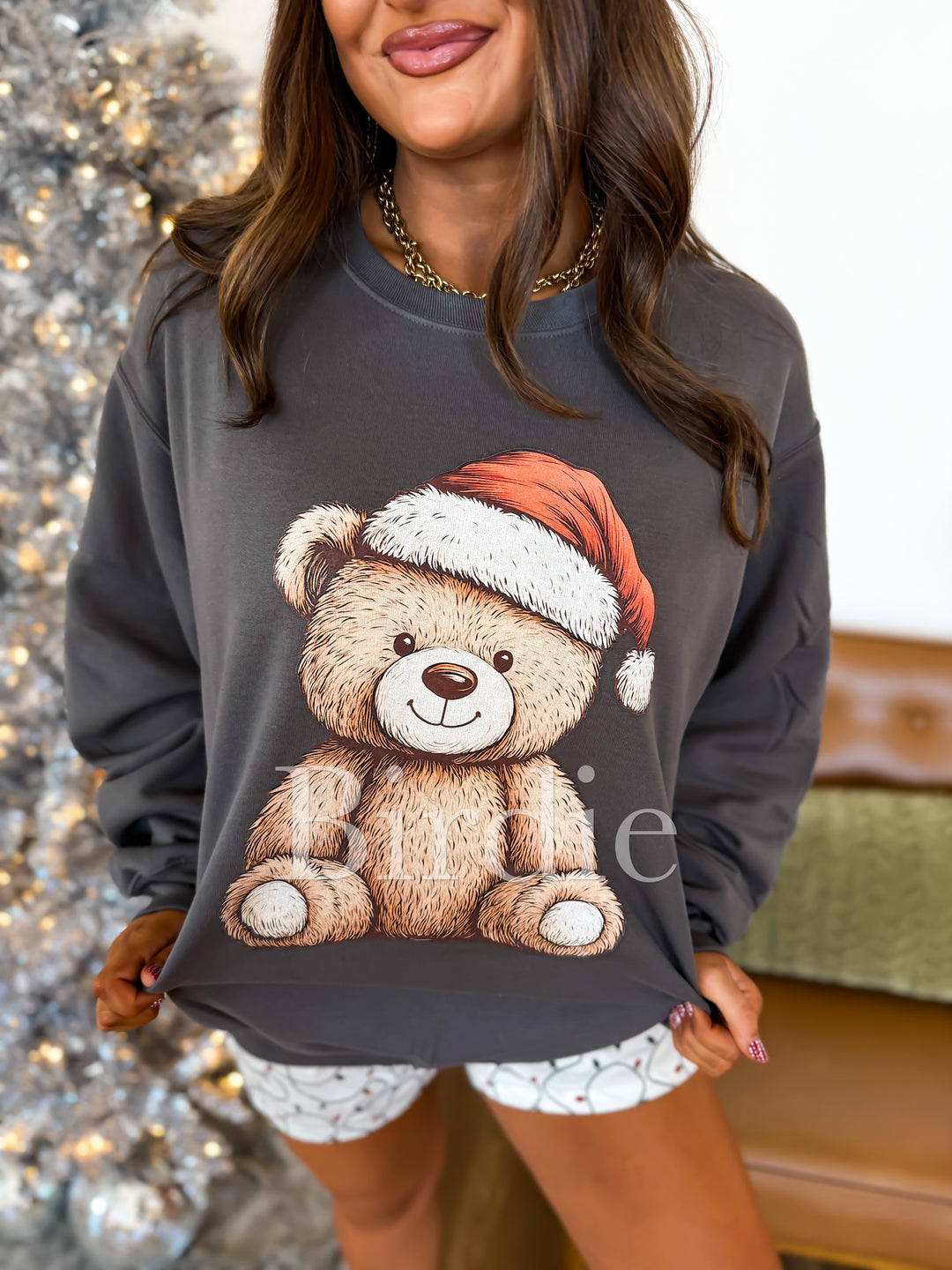 Christmas Teddy Graphic Crewneck in Charcoal by Birdie (SEPT ARRAY: Ships in 3-4 Weeks)