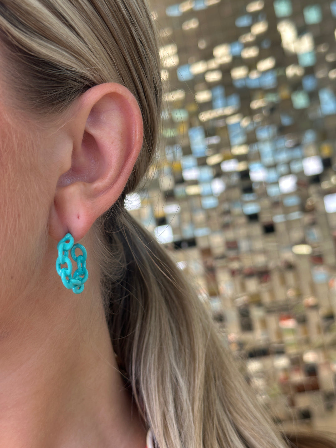 Mini Link Enamel Hoop Earrings - Turquoise
