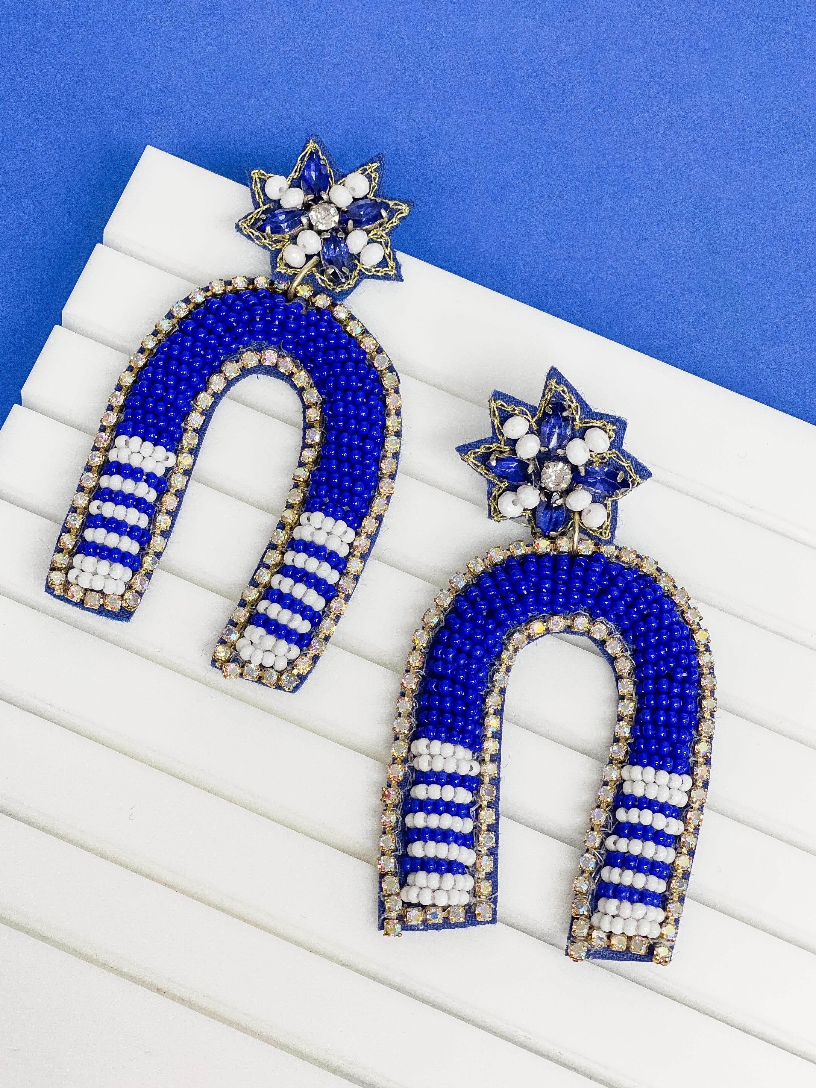Game Day Beaded Arch Dangle Earrings - Blue & White