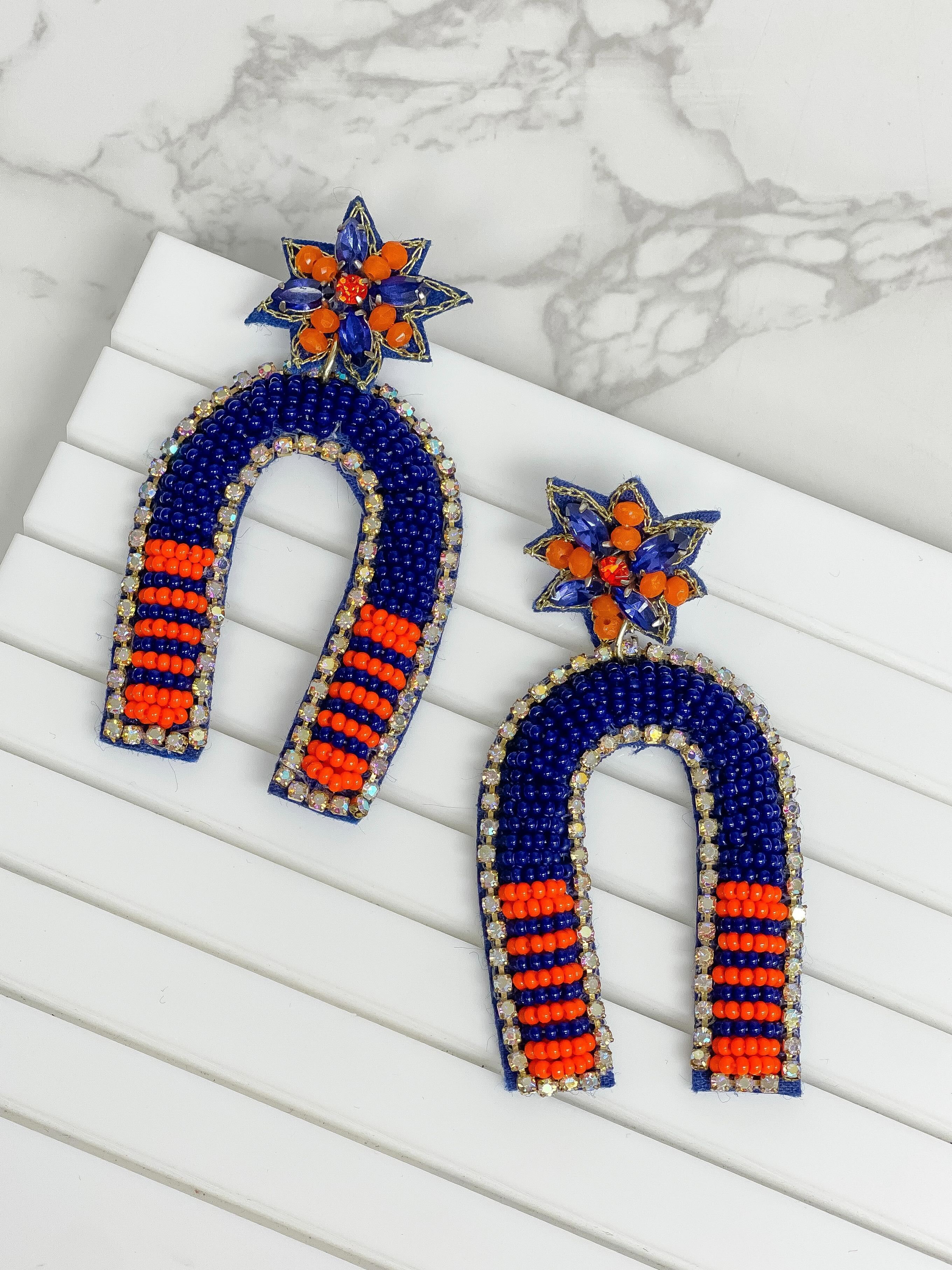 Game Day Beaded Arch Dangle Earrings - Navy & Orange