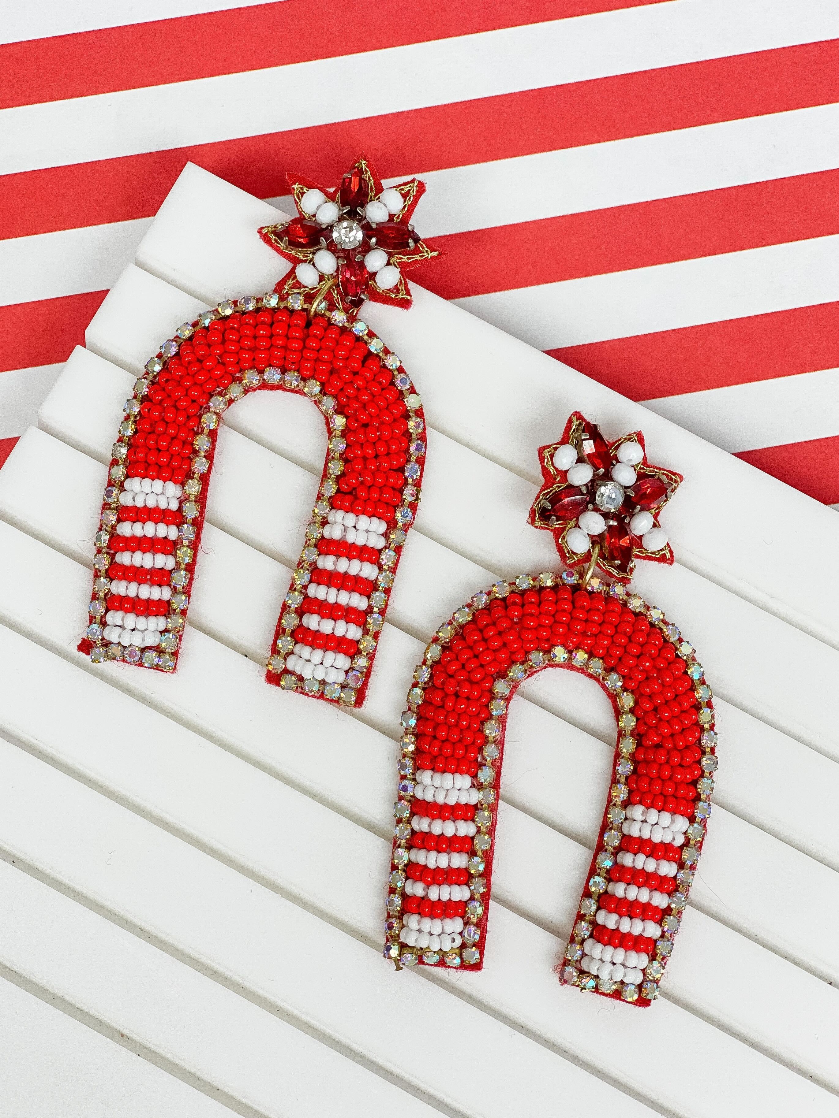 Game Day Beaded Arch Dangle Earrings - Red & White