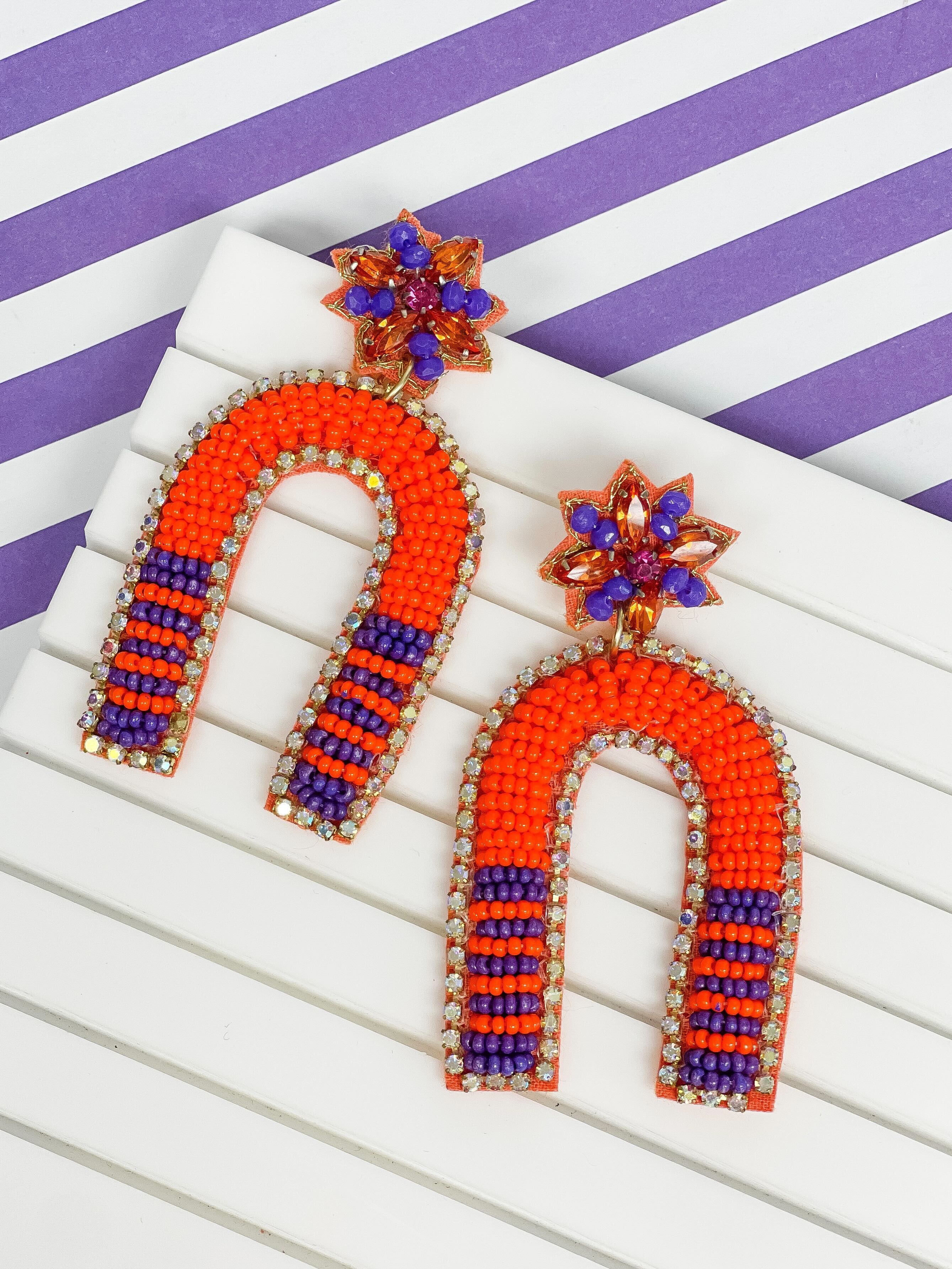 Game Day Beaded Arch Dangle Earrings - Orange & Purple