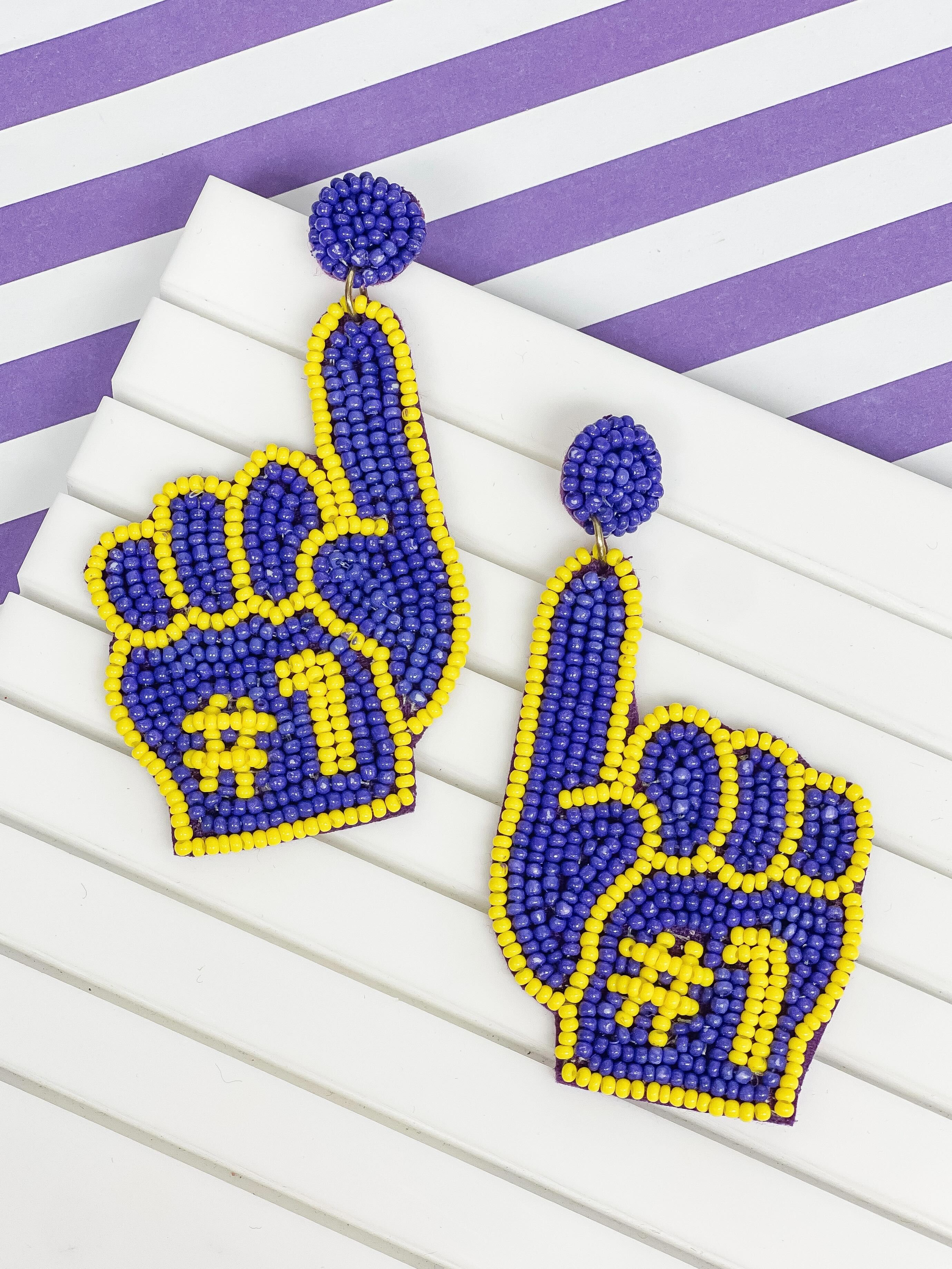 #1 Go Team Foam Finger Beaded Dangle Earrings - Purple & Yellow