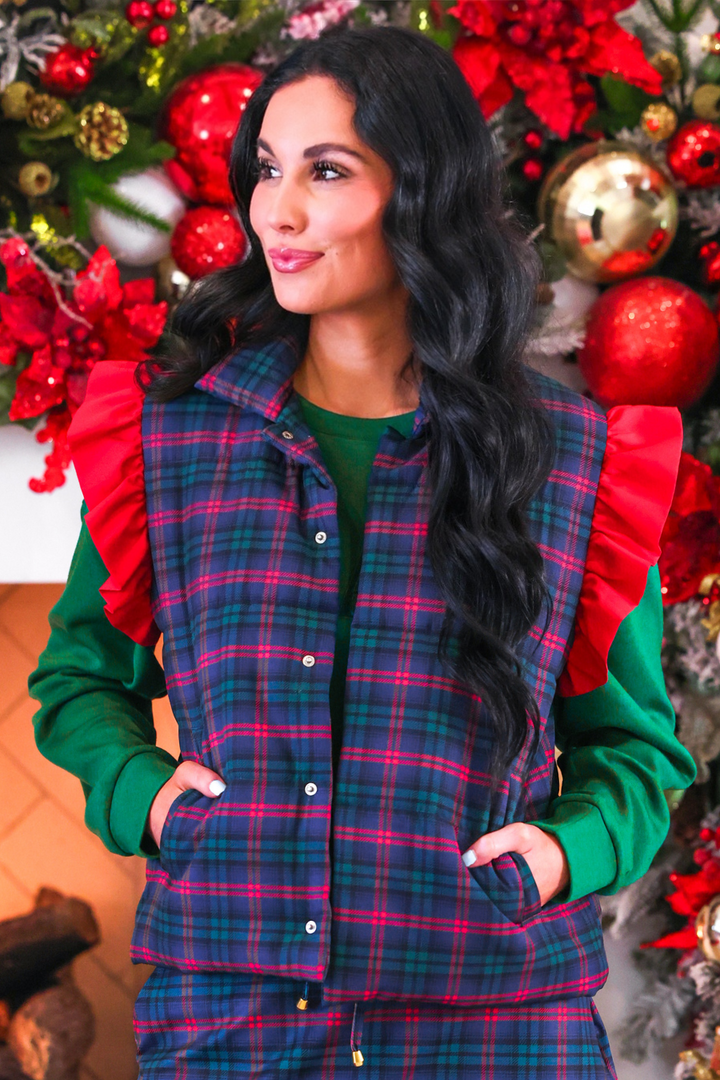 Navy Christmas Plaid Puffer Vest by Jess Lea (PREORDER: Ships in October)