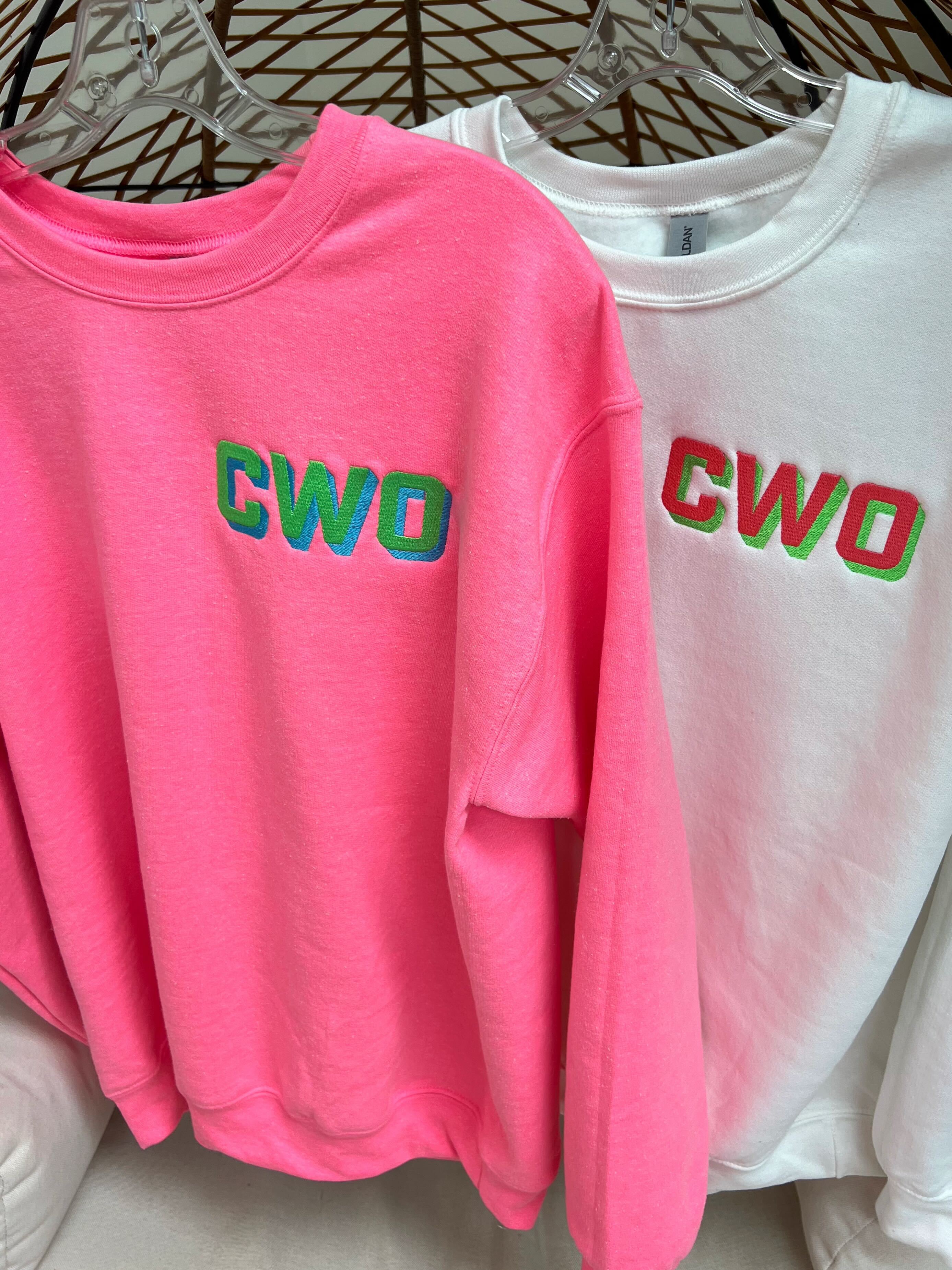 Custom Neon Shadow Block Embroidered Monogram Sweatshirt - Neon Pink (Ships in 2-3 Weeks)