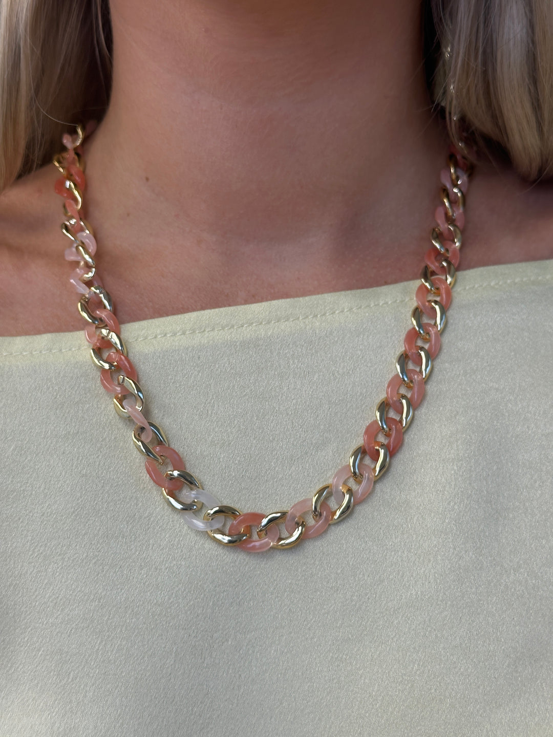 Petite Shiny Gold Link Acrylic Necklace - Coral