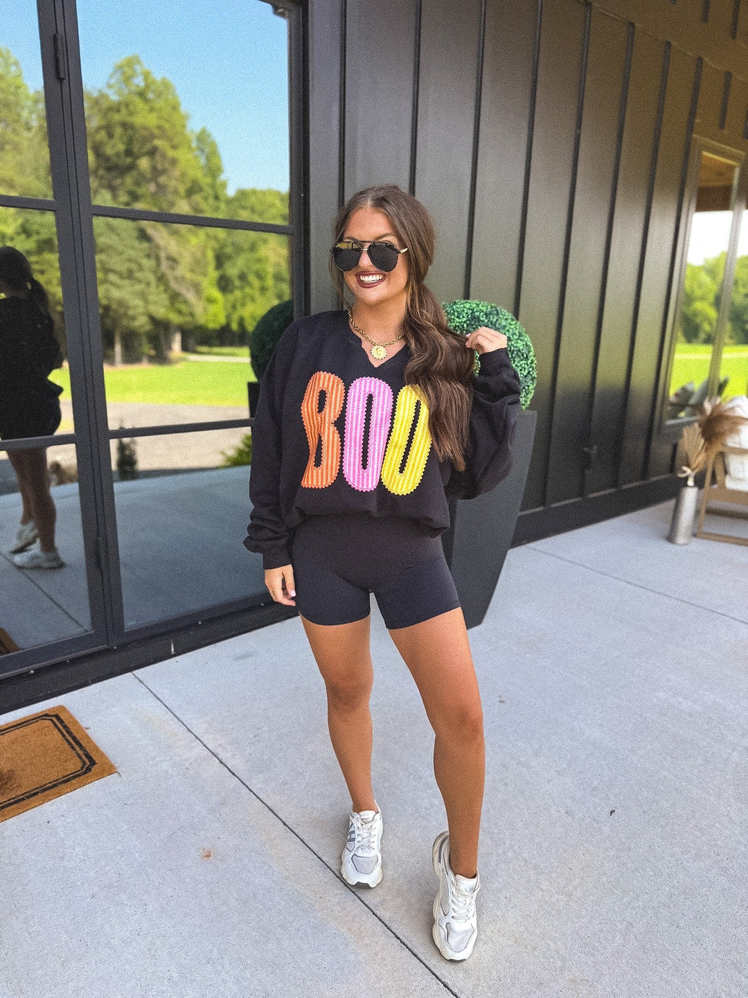 BOO Striped SPLIT NECK Graphic Crewneck on Black by Birdie (SEPT ARRAY: Ships in 3-4 Weeks)