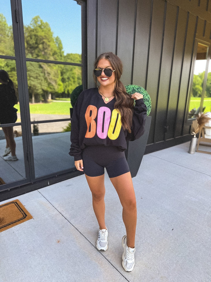 BOO Striped SPLIT NECK Graphic Crewneck on Black by Birdie (SEPT ARRAY: Ships in 3-4 Weeks)