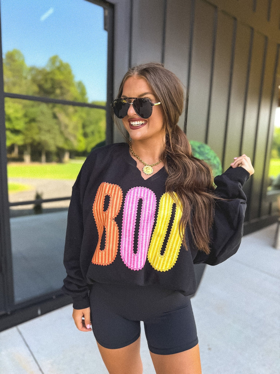 BOO Striped SPLIT NECK Graphic Crewneck on Black by Birdie (SEPT ARRAY: Ships in 3-4 Weeks)
