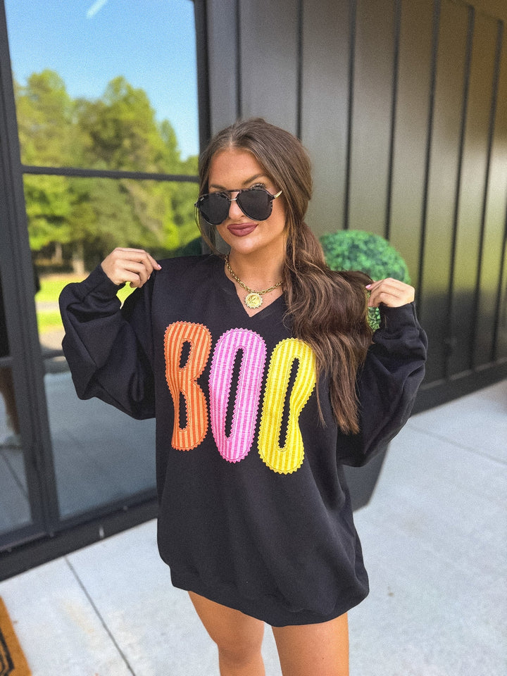 BOO Striped SPLIT NECK Graphic Crewneck on Black by Birdie (SEPT ARRAY: Ships in 3-4 Weeks)