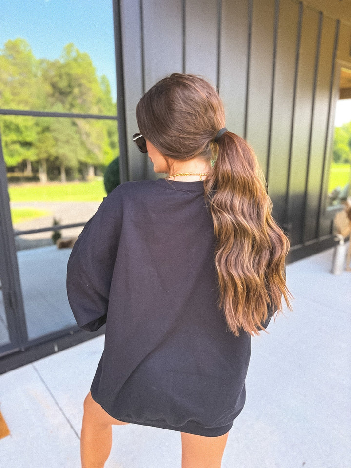 BOO Striped SPLIT NECK Graphic Crewneck on Black by Birdie (SEPT ARRAY: Ships in 3-4 Weeks)