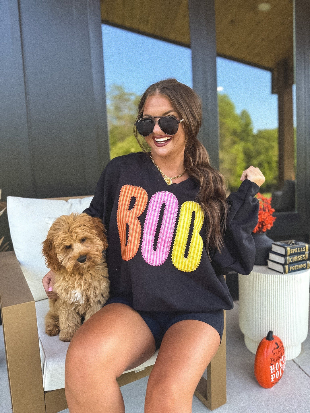 BOO Striped SPLIT NECK Graphic Crewneck on Black by Birdie (SEPT ARRAY: Ships in 3-4 Weeks)