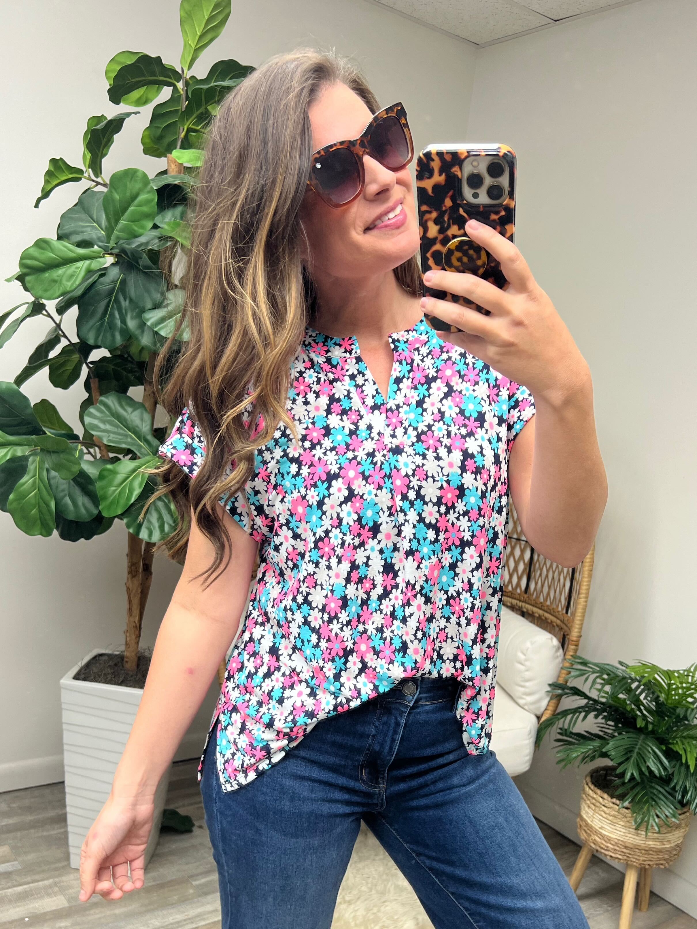 Lizzy Cap Sleeve Top in Navy and Hot Pink Floral