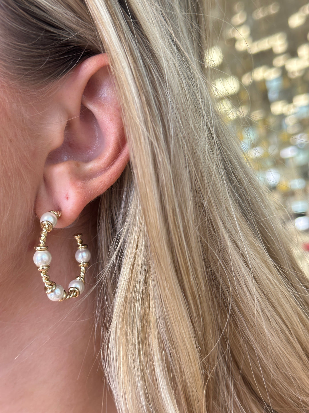 Pearl Cable Hoop Earrings - Gold