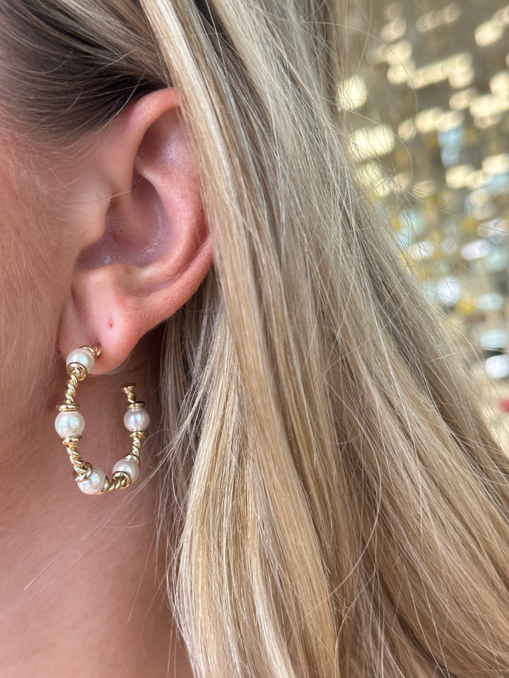 Pearl Cable Hoop Earrings - Gold