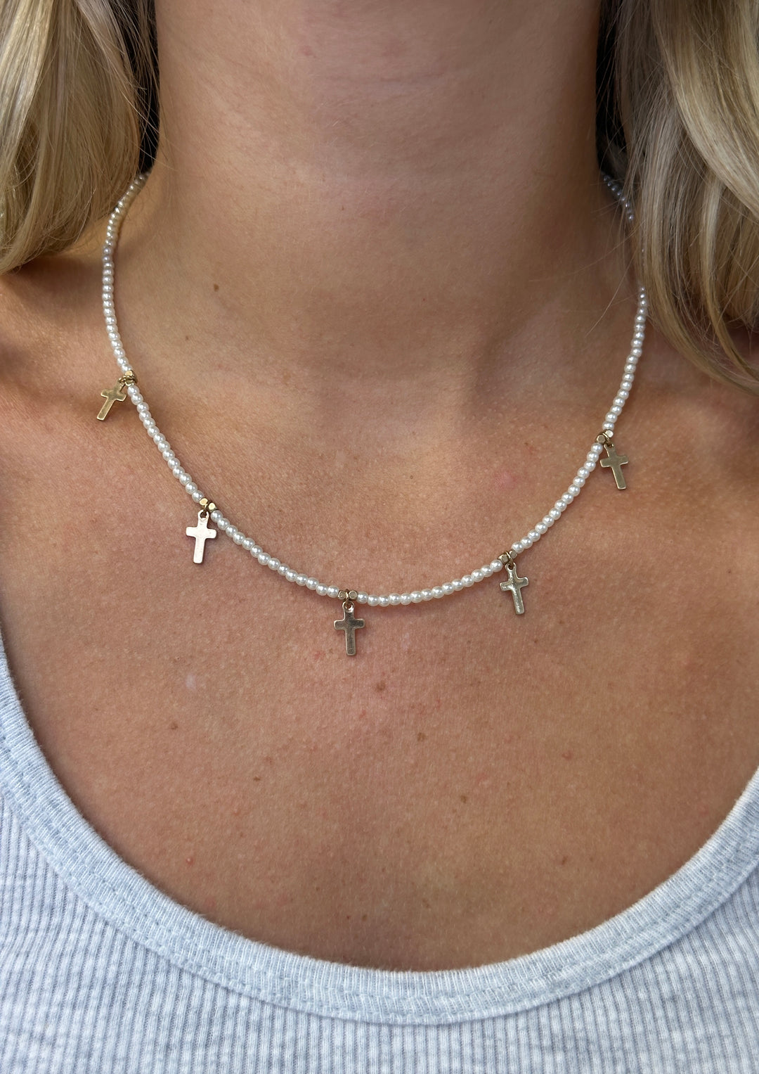 Pearl Strand Cross Station Necklace - Gold