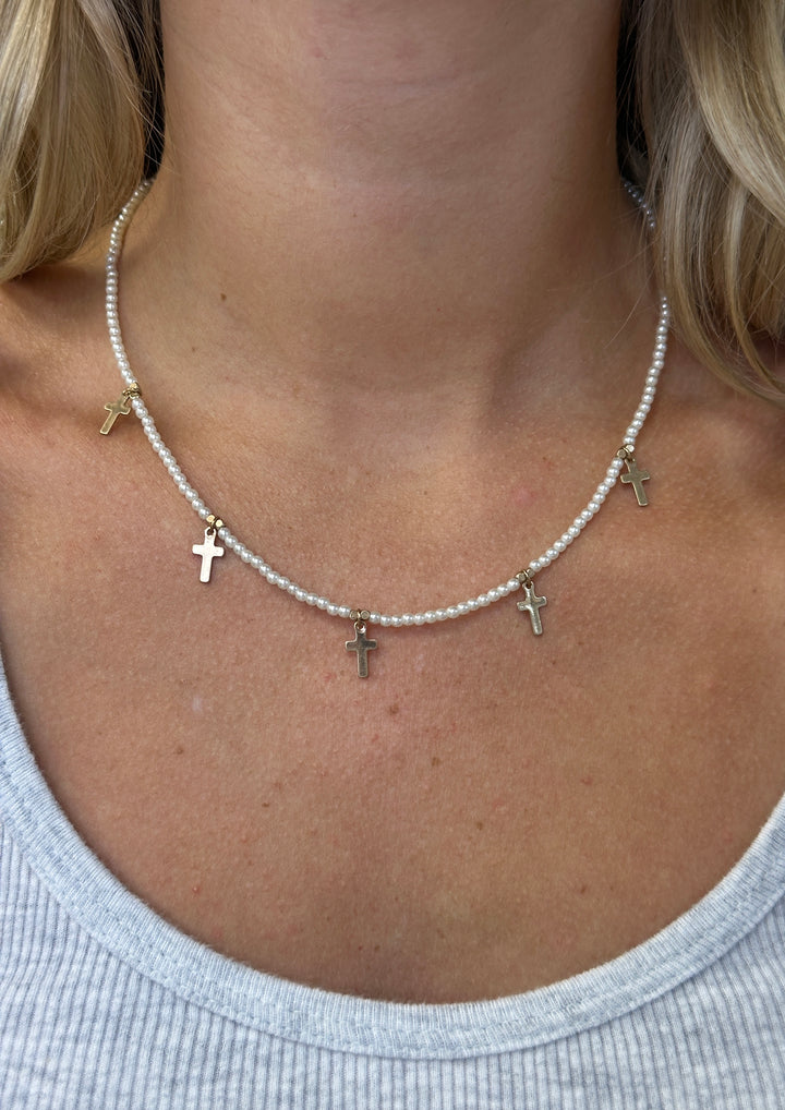 Pearl Strand Cross Station Necklace - Gold