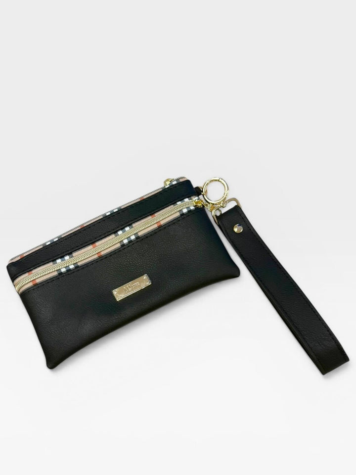 Makeup Junkie Bags black vegan leather wristlet with plaid-trim gold zipper and wrist strap