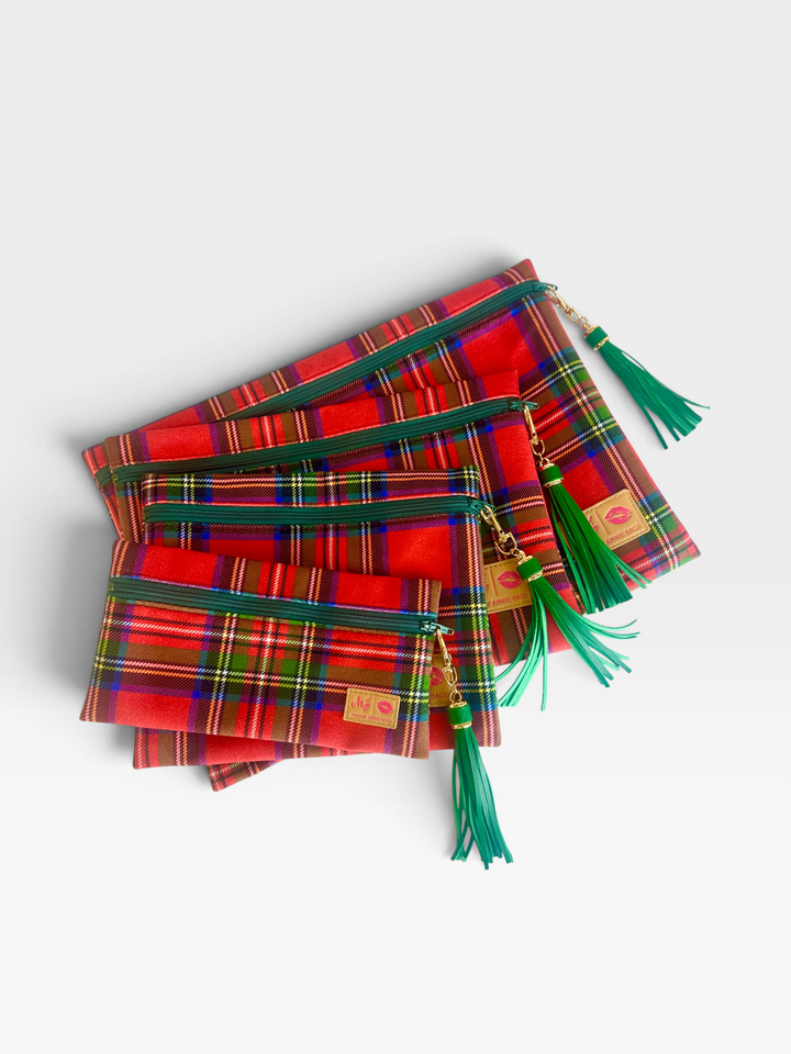 Christmas Wishes Red Plaid - Top Zip Large by Makeup Junkie (Ready to Ship)