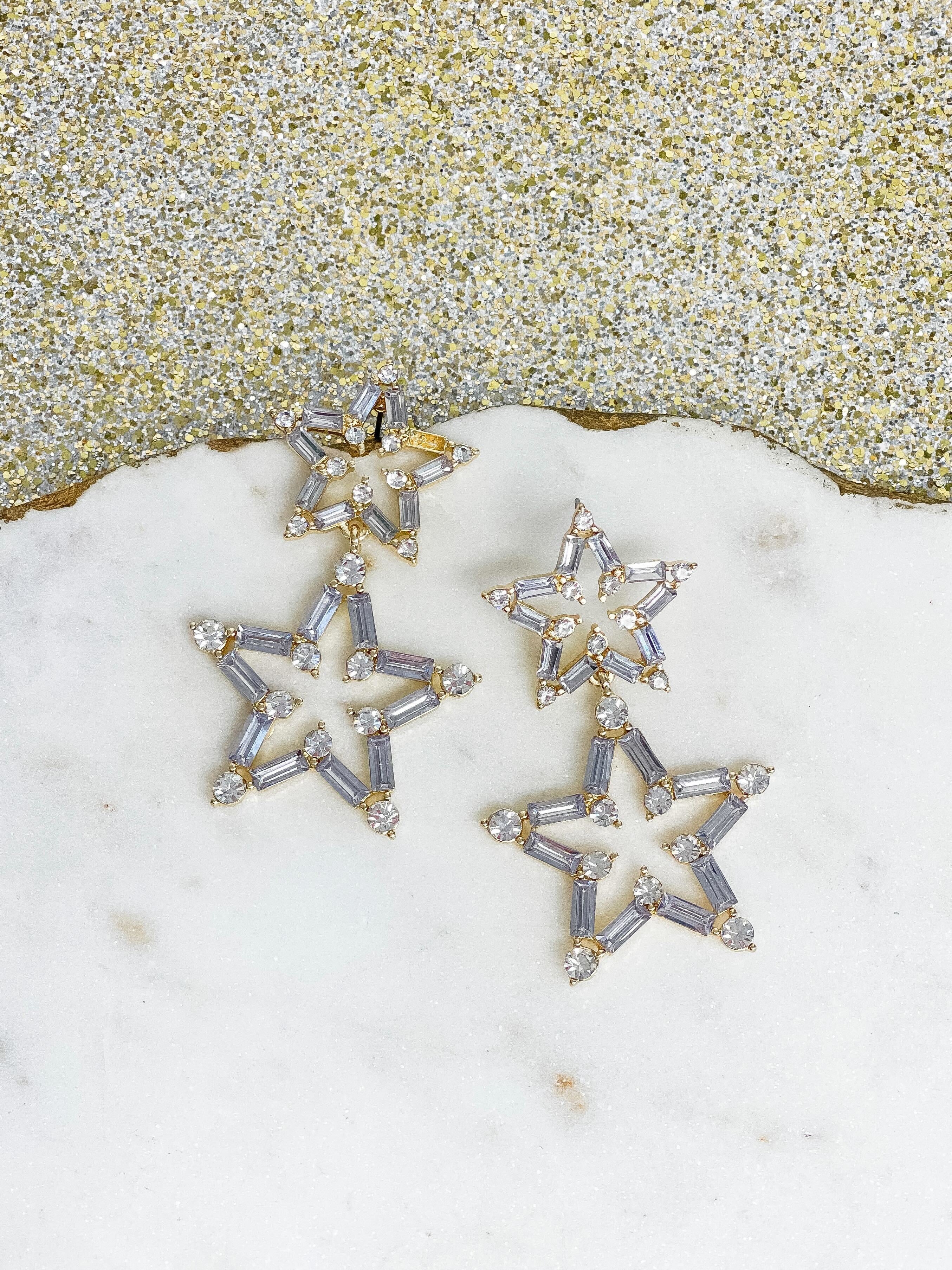 Clear Crystal Winter Star Duo Dangle Earrings