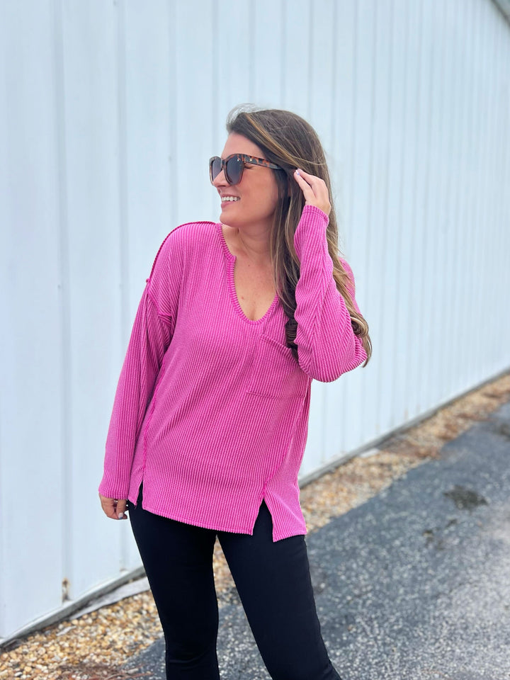 Mineral Washed Ribbed Long Sleeve Pocket Top - Magenta