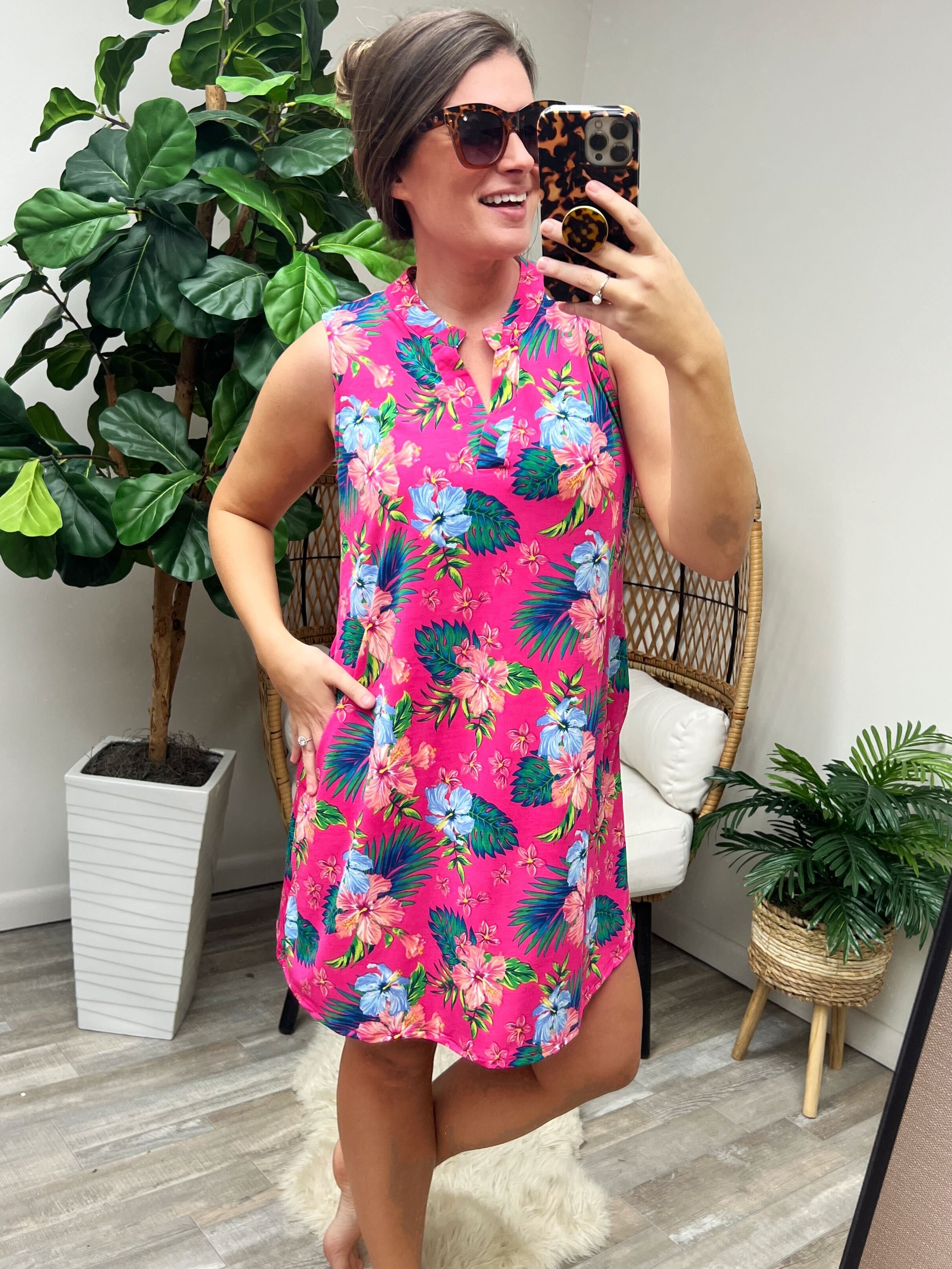 Lizzy Tank Dress in Hot Pink Tropical Floral